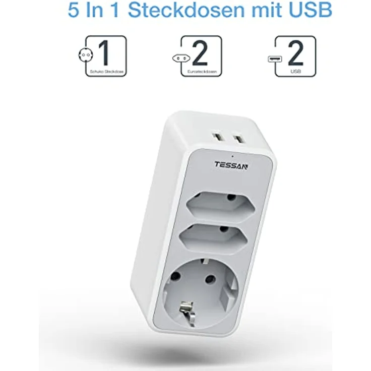 TESSAN Doppelstecker für Steckdose, 5 in 1 Mehrfachstecker für Steckdose, Steckdosenadapter 3Fach mit 2 USB Steckdose, dreifachsteckdose für doppelsteckdose mit USB Stecker, Grau, für Schulanfang – Bild 2