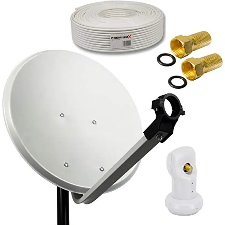 Premium X PXS45 Camping Sat Anlage, 45cm Satelliten-Schüssel in Hellgrau, Single LNB Weiß, 0,1db, mit 10m Koaxial-Kabel und 2x F-Stecker