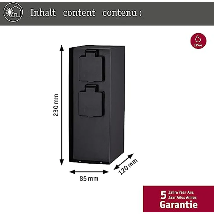 RIO IP44 Steckdosensäule eckig 2 fach Anthrazit Zeitschaltuhr – Bild 2