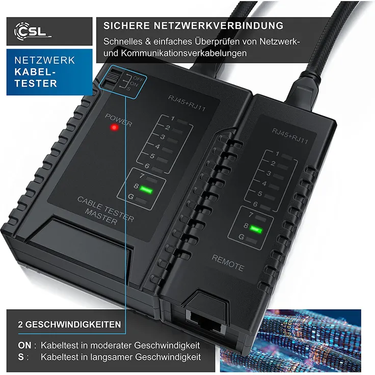 CSL Netzwerk Kabeltester für RJ45 RJ11-Kabel - Patchkabel-Tester Leitungstester - LAN Network Cable Tester - Zwei Verschiedene Geschwindigkeiten - Wahlschalter On Off - schwarz – Bild 5