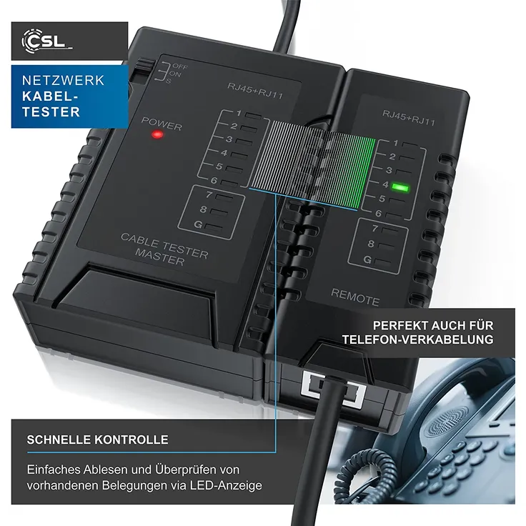 CSL Netzwerk Kabeltester für RJ45 RJ11-Kabel - Patchkabel-Tester Leitungstester - LAN Network Cable Tester - Zwei Verschiedene Geschwindigkeiten - Wahlschalter On Off - schwarz – Bild 6