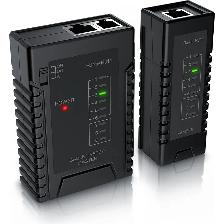 CSL Netzwerk Kabeltester für RJ45 RJ11-Kabel - Patchkabel-Tester Leitungstester - LAN Network Cable Tester - Zwei Verschiedene Geschwindigkeiten - Wahlschalter On Off - schwarz
