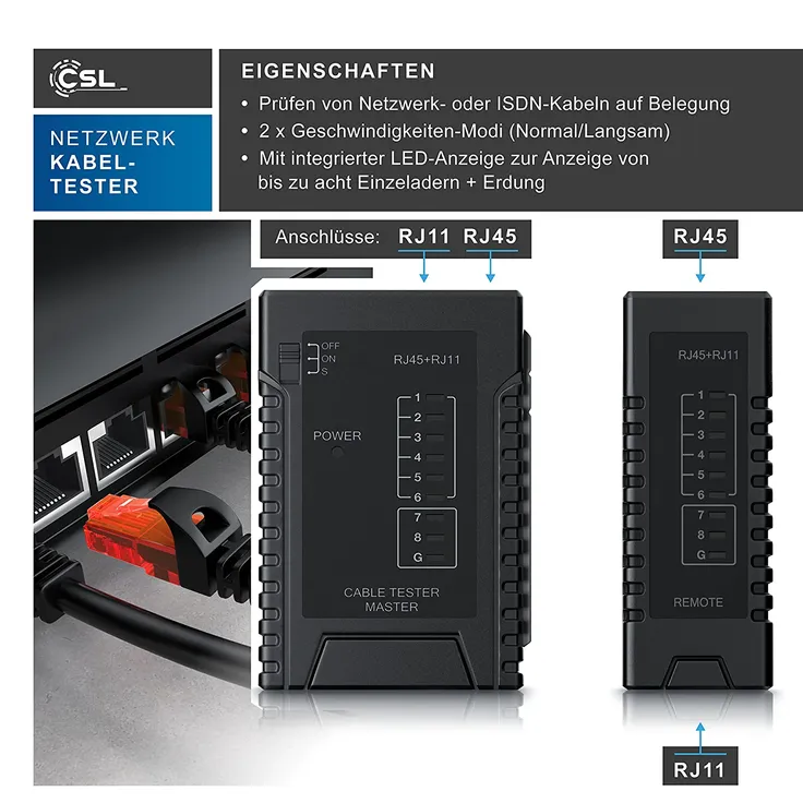 CSL Netzwerk Kabeltester für RJ45 RJ11-Kabel - Patchkabel-Tester Leitungstester - LAN Network Cable Tester - Zwei Verschiedene Geschwindigkeiten - Wahlschalter On Off - schwarz – Bild 4