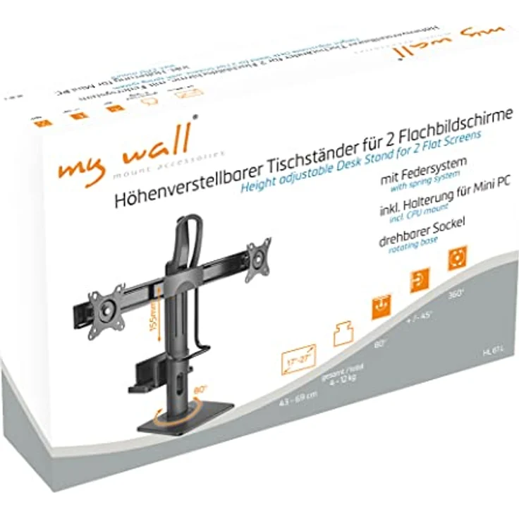 myWall Tischhalterung HL61L, 2 Monitor Tischhalterung für 17-27 Zoll, Halterung für Mini PC, Höhenverstellbar, Neigbar, Drehbar und Horizontal anpassbar mit Federsystem, VESA 75/100 – Bild 2