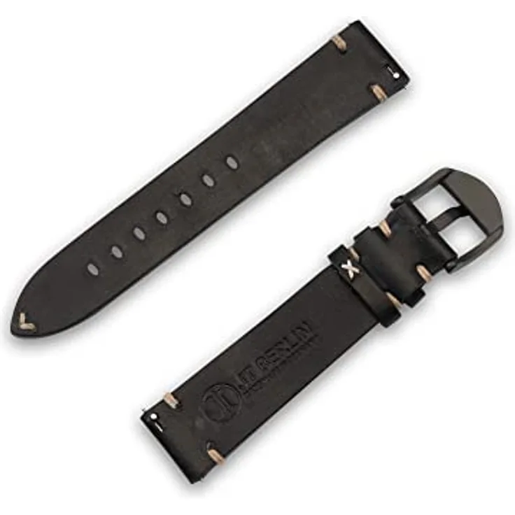 JT Berlin "Alex II Vintage Ersatz-Armband (20mm) für Samsung Galaxy Watch/Amazfit/Garmin Forerunner [Handgefertigt in Deutschland, Leder/Nytech Ersatzband, Edelstahl] schwarz/schwarz