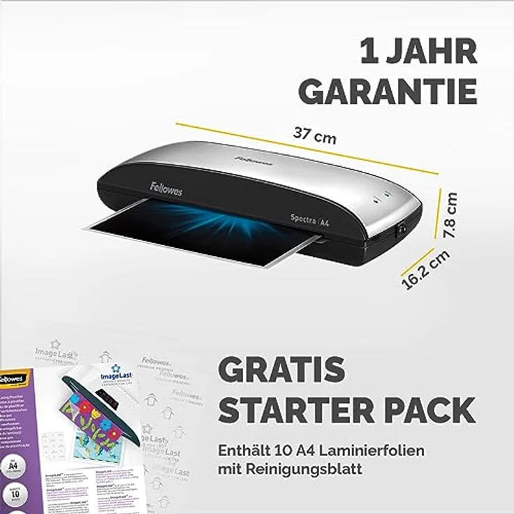 Fellowes A4 Laminiergerät, Spectra A4 für Einsteiger, für 80-125 Mikron Laminierfolien, bis A4 Format, für Zuhause - Home Office, inkl 10 A4 Folien – Bild 3