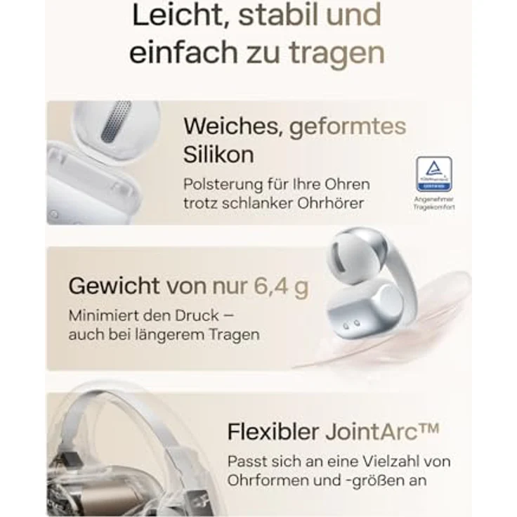 SHOKZ OpenDots 2, Open-Ear Clip-On Earbuds mit Dolby Audio und Deep Bass, 40 Std. Laufzeit, Bluetooth 6.1, IP57 wasserdicht, 3 Mikrofone für klare Anrufe, kabelloses Laden, Grau – Bild 5