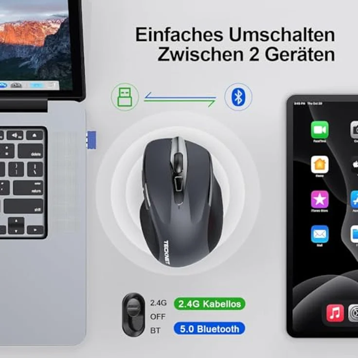 TECKNET TK-MS317, Wiederaufladbare Bluetooth Maus mit 4800 DPI, Ergonomische Funkmaus für Laptops, Mac OS, Android, Windows, Grau, drei Modi (BT 5.0/3.0 + 2.4G), leiser Klick – Bild 3