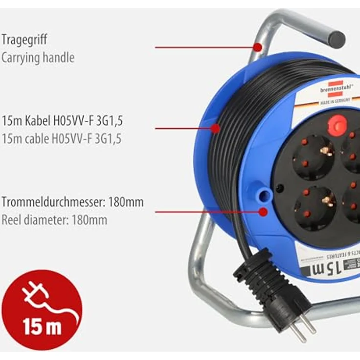 Brennenstuhl Garant Kompakt Kabeltrommel (15m Kabel in schwarz, aus Spezialkunststoff, für den Innenbereich, Made in Germany) – Bild 3