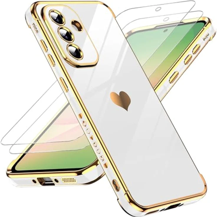 LeYi Handyhülle für Samsung Galaxy A56 5G, TPU Silikon Schutzhülle mit Cute Herz Muster, 2 Schutzfolien, kratzfest, stoßfest, Kameraschutz, weiß – Bild 1