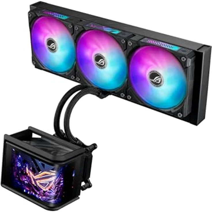 ASUS ROG Ryuo IV SLC 360 ARGB All-in-One-CPU-Wasserkühlung mit 6,67 Zoll AMOLED-Display, 3D-Videounterstützung, 3x ARGB Lüfter, geeignet für Intel LGA 1851, 1700 und AMD AM5, AM4 – Bild 1