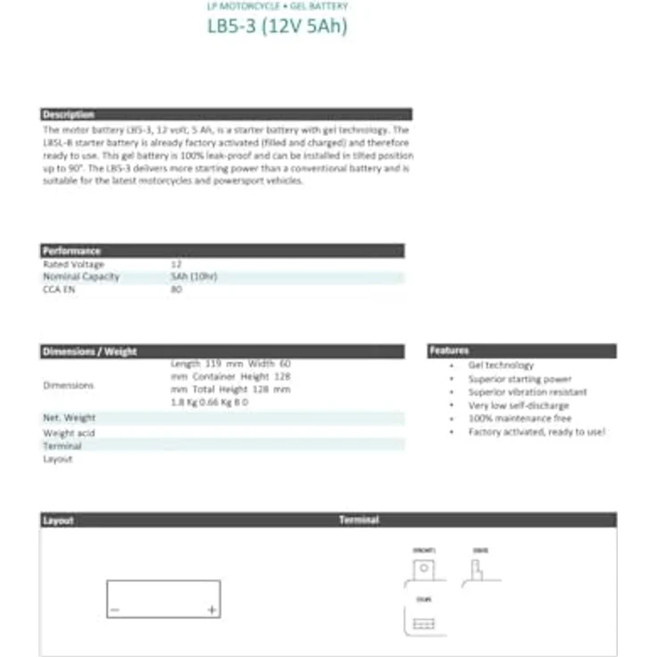 Landport LB5-3, 12V 5Ah Gel-Motorradbatterie mit hoher Startleistung und wartungsfreiem Design – Bild 6