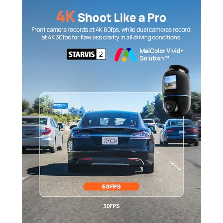 70mai 4K Omni X800 Dashcam mit 128 GB Speicherkarte, 360° drehbar (4K Ultra HD, WLAN, Starvis 2 IMX678, GPS & ADAS, Super Nachtsicht, f/1.7, App Steuerung) – Bild 2