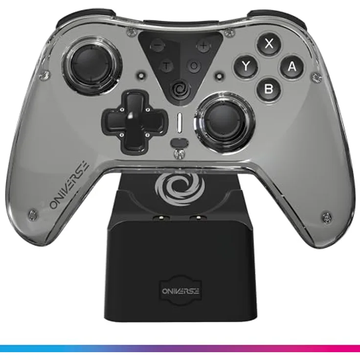 Oniverse Kabelloser Controller für Switch OLED Lite PC ANDROID iOS, Ladestation, Einstellbare Vibrationen, Makro-Tasten, Turbo-Modus, Wake-Up, 6-Achsen-Gyroskop, Astralite (Nysa Grey/Grau)