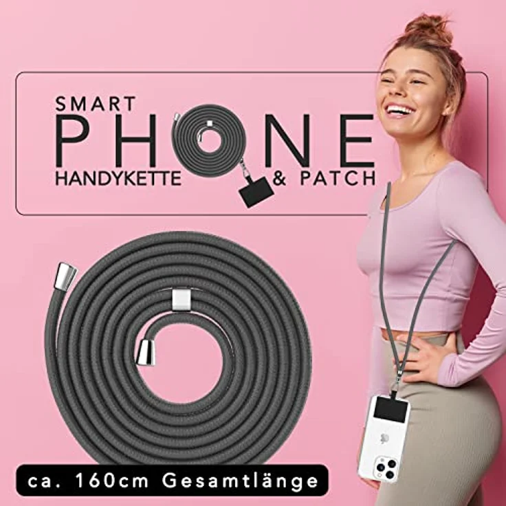 Nalia HoldMe Air, Universal Handykette für Smartphones, 160 cm Lanyard mit verstellbarem Pad und Edelstahl-Karabinerhaken – Bild 2