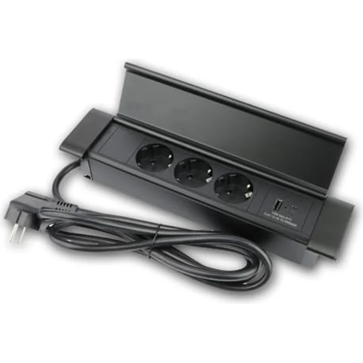 world-trading-net FLATBOX Tisch-Einbausteckdose 3-Fach mit USB-A & USB-C, flach, Aluminium/Kunststoff, 230V, 3600W, 1,8m Kabel, IP20 für Schreibtisch und Arbeitsplatte – Bild 2