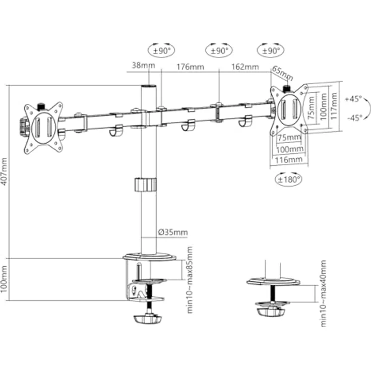 LogiLink Monitorhalterung aus Aluminium für 2 Monitore (17–32"), Armlänge: je 376 mm – Bild 4