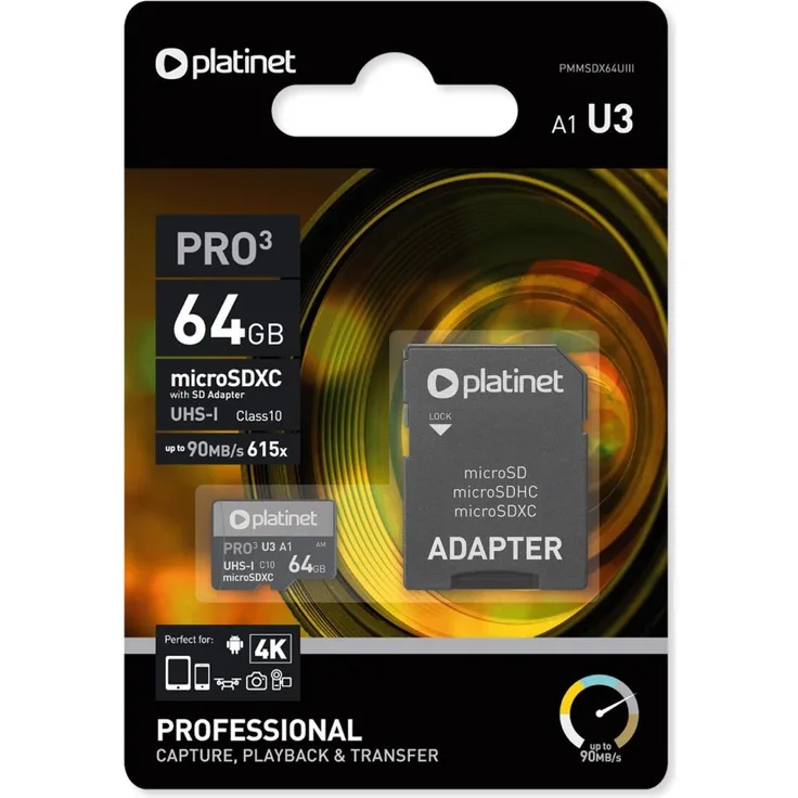 Platinet PMMSDX64UIII, 64 GB MicroSDXC Speicherkarte, UHS-III, 90 MB/s Lesegeschwindigkeit, Schwarz