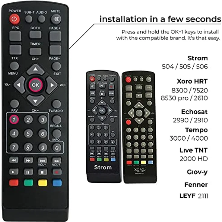 LEYF Universal 7in1 Fernbedienung Kompatibel für DVB-T TNT Receiver Strong, Echosat, Tempo, Leyf, Engel, Metronic, Strom, LiveTNT, Xoro, Thomson, Edision – Bild 3