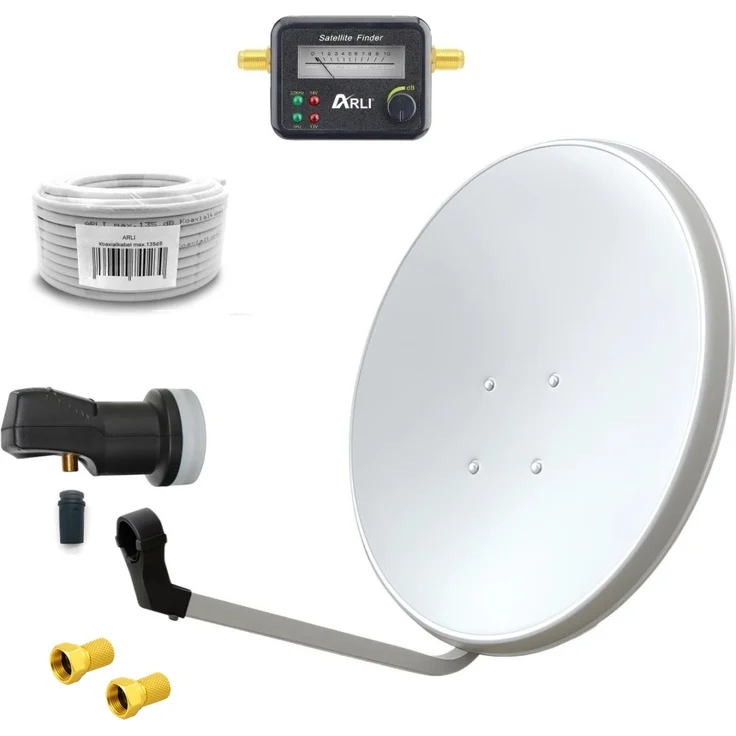 ARLI 60cm HD SAT Anlage, lichtgrau, mit Single LNB, 15m Koaxialkabel, Satfinder und 2 vergoldeten F-Steckern