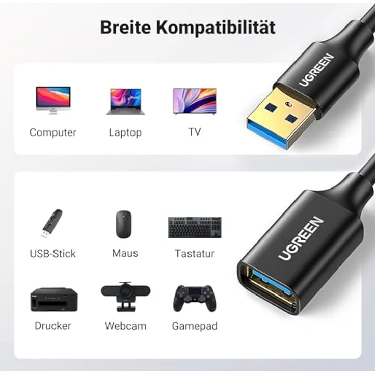 UGREEN USB Verlängerung Kabel USB 3.0 Verlängerungskabel A Stecker auf A Buchse mit Vergoldeten Kontakte für Kartenlesegerät,Tastatur, Drucker, Scanner, Kamera usw 2m – Bild 3