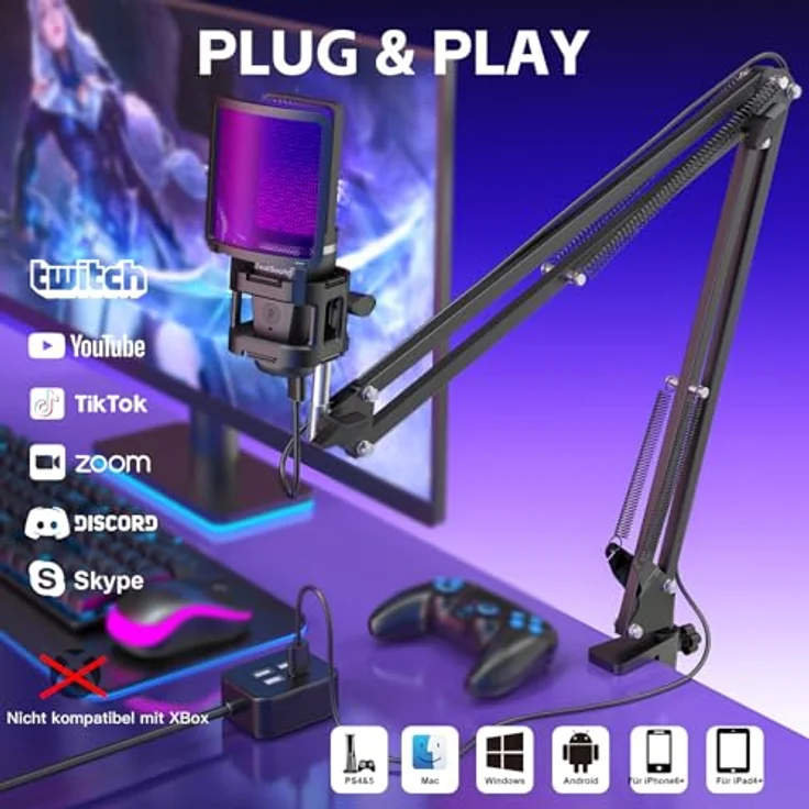 zealsound A68S USB Mikrofon Set, Kondensator Mikrofon für Podcast mit Boomarm & Tischstativ, RGB-Beleuchtung, Plug & Play, 92kHz/24bit Audioqualität – Bild 2