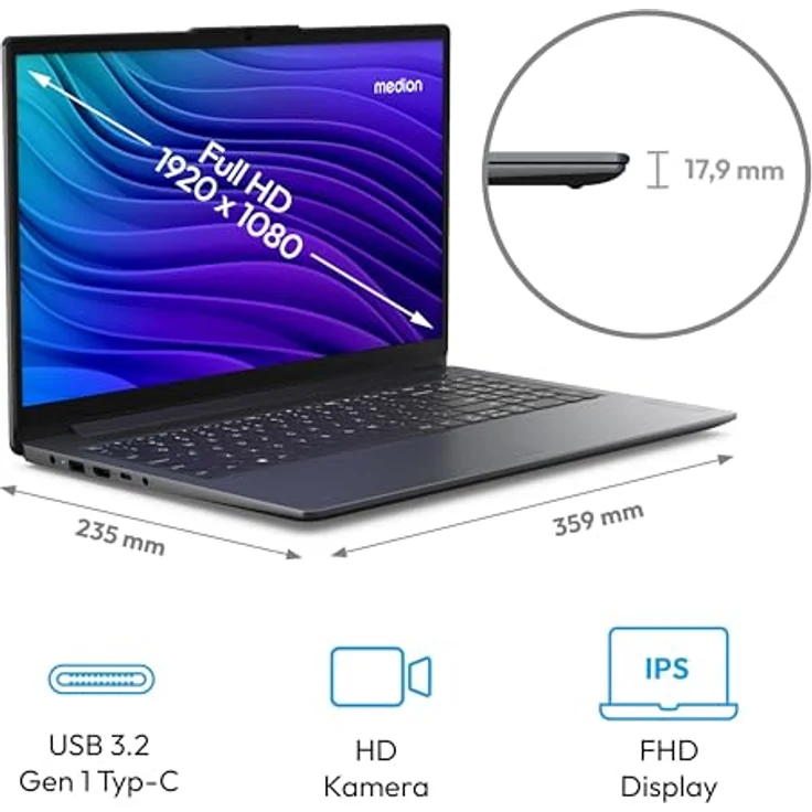 MEDION E15235 39,6 cm (15,6 Zoll) Full HD Laptop (Intel Core i3-N305, 512GB M.2 PCIe SSD, 8GB DDR5 RAM, Win 11 Home) – Bild 3