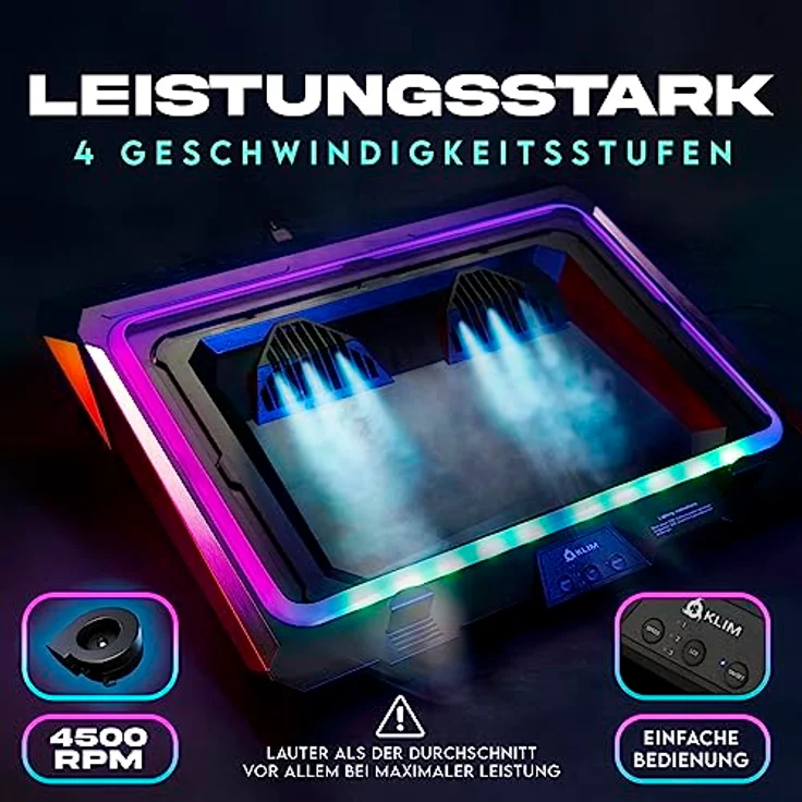 KLIM Mistral Laptop Kühler, Turbo-Ventilator (4500 U/min), Gummiring Dichtung, RGB-Beleuchtung, für 15-17 Zoll Gaming Notebooks – Bild 2