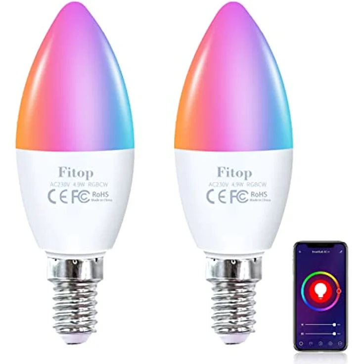 Fitop Alexa Smart Glühbirnen, E14 Wlan LED Lampen Dimmbar Glühbirne 4.9W 470Lm+2700-6500K+RGB 16 Millionen Farben, App Steuern Kompatibel mit Alexa/Google Home, Sprachsteuerung 2 Pack – Bild 1