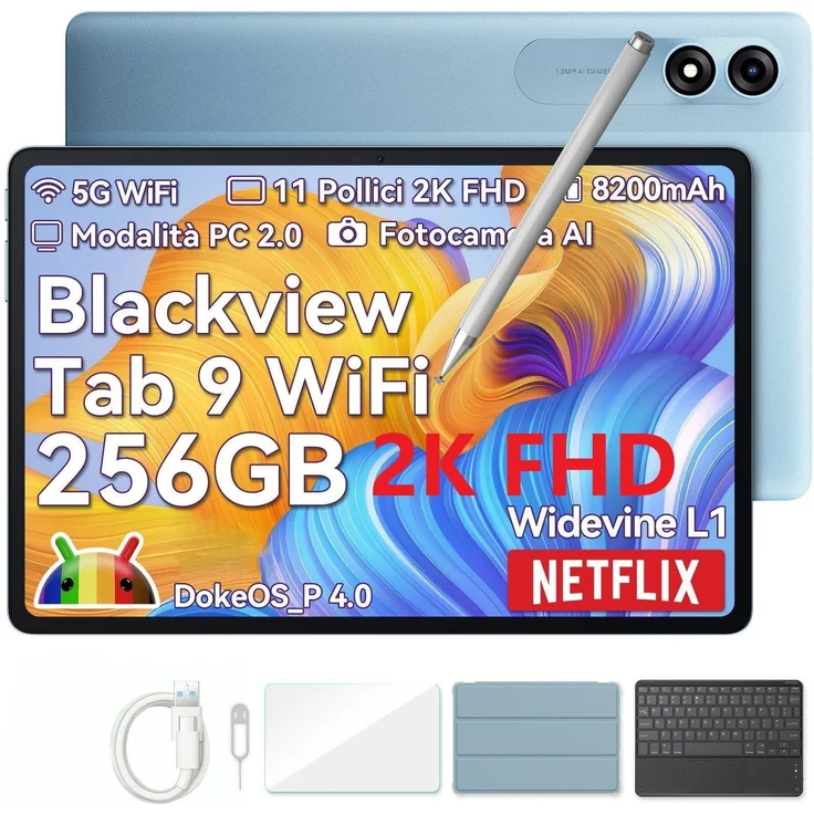 Blackview Tab9 WiFi, 11" FHD+ Tablet mit 18GB RAM, 256GB Speicher, Octa-Core T606, Android 14, Stylus, Hülle und Tastatur, 8200mAh, AI-Kamera
