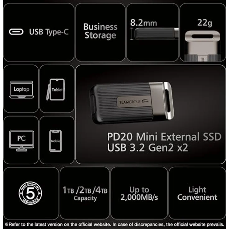 Team Group PD20 Mini External SSD 1TB, 2000 MB/s Übertragungsgeschwindigkeit, IP54 Staub- und Spritzwasserschutz, Type-C Schnittstelle – Bild 6