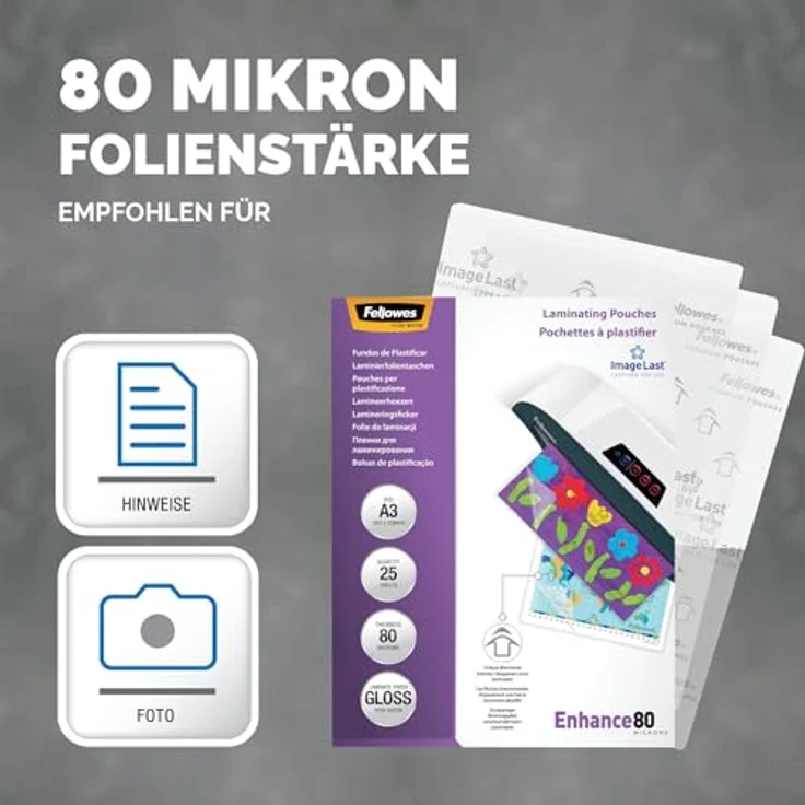 Fellowes Enhance80 ImageLast Laminierfolien, glänzend für A3, 80 micron, 25 St. – Bild 3