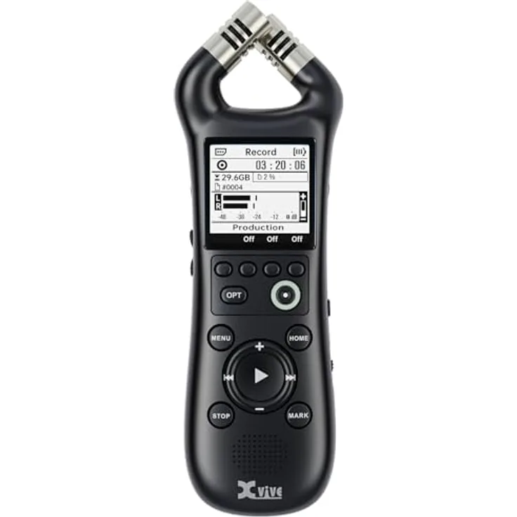 Xvive XV1-R Digitaler Handheld-Recorder mit integrierten Mikrofonen, WAV-Aufnahme Mono/Stereo, 12h Akkulaufzeit, 1,7-Zoll-LCD-Display, 32GB SD-Karte, USB-C, schwarz