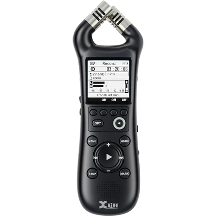 Xvive XV1-R Digitaler Handheld-Recorder mit integrierten Mikrofonen, WAV-Aufnahme Mono/Stereo, 12h Akkulaufzeit, 1,7-Zoll-LCD-Display, 32GB SD-Karte, USB-C, schwarz – Bild 1