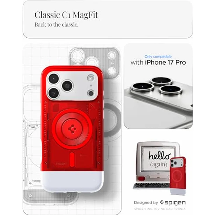Spigen iPhone 17 Pro Hülle Classic C1 Retro-Futuristisches MagFit Case mit 6-Schicht-Struktur und Sound Tunnel Tech, kompatibel mit MagSafe Zubehör - Ruby – Bild 2