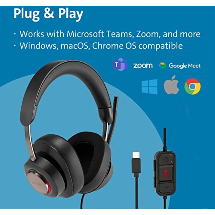 Kensington H2000 Over-Ear USB-C Kopfhörer mit Mikrofon, Windows- und Mac-kompatibel, Noice Cancelling, Plug & Play PC-Headset, langes 1,8 m Kabel, K83451WW – Bild 2