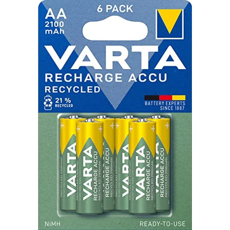 VARTA Batterien AA, wiederaufladbar, 6 Stück, Recharge Accu Recycled, Akku, 2100 mAh Ni-Mh, aus 21% recyceltem Material, vorgeladen, sofort einsatzbereit – Bild 2