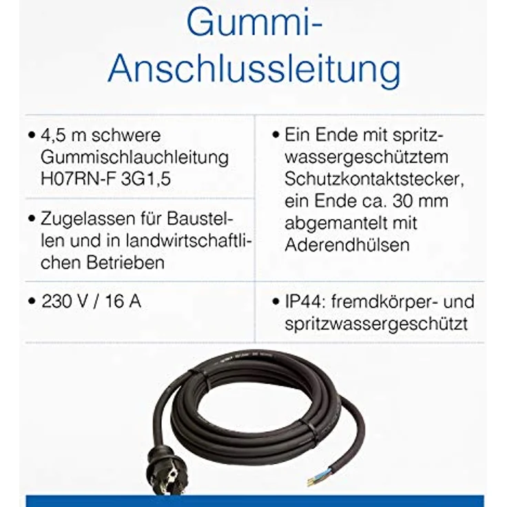 as - Schwabe Gummi-Anschlussleitung 4,5 m - 230 V, 16 A Schuko/Euro-Stecker mit Leitung - Verbindungskabel für die Baustelle - Stromkabel mit Aderendhülsen - IP44 - Made in Germany - Schwarz - 60379 – Bild 3