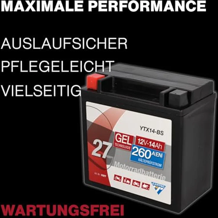 CARTEC Motorradbatterie YTX14-BS, 14Ah, 260A, wartungsfrei, Gel-Technologie, rüttelfest, schwarz – Bild 6