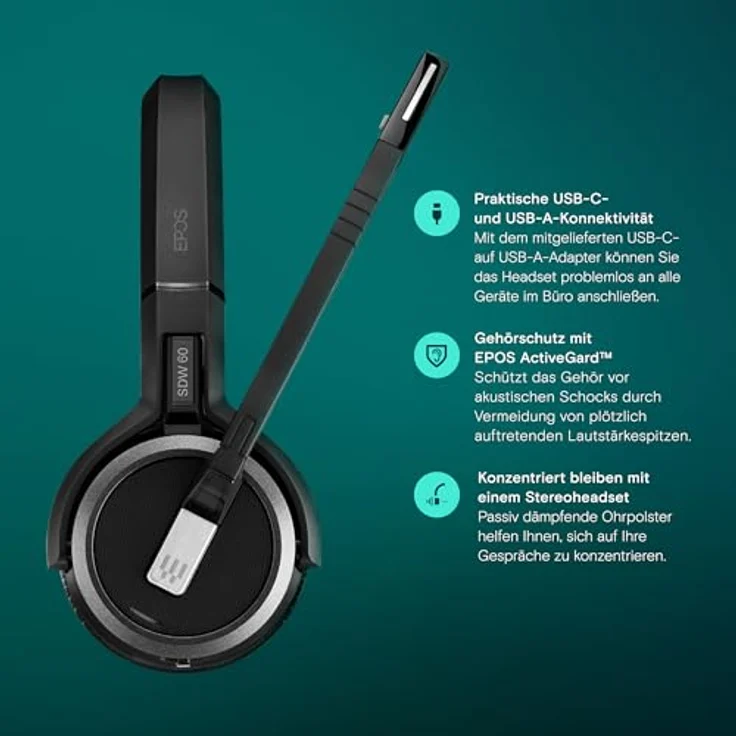 EPOS Impact 5000 Go MS Stereo, DECT Wireless Headset mit Geräuschunterdrückung, Microsoft Teams zertifiziert, 135 m Reichweite, faltbare Ladestation & USB-A Dongle – Bild 3