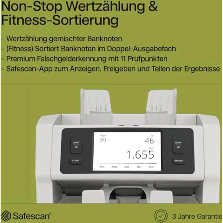 Safescan 2995-SC Geldzählmaschine, 11-fache Echtheitsprüfung, Fitness-Sortierung und Wertzählung für gemischte Banknoten, inklusive kostenloser Safescan-App – Bild 2