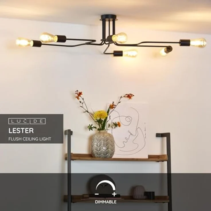 LUCIDE LESTER Deckenleuchte - 6xE27 - Schwarz, Metall, LED-kompatibel, dimmbar – Bild 5