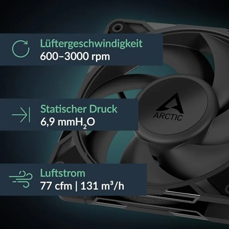 Arctic Gehäuselüfter P12 Pro PST, 120mm mit 131 m³/h Luftstrom, schwarzes Gehäusedesign – Bild 2