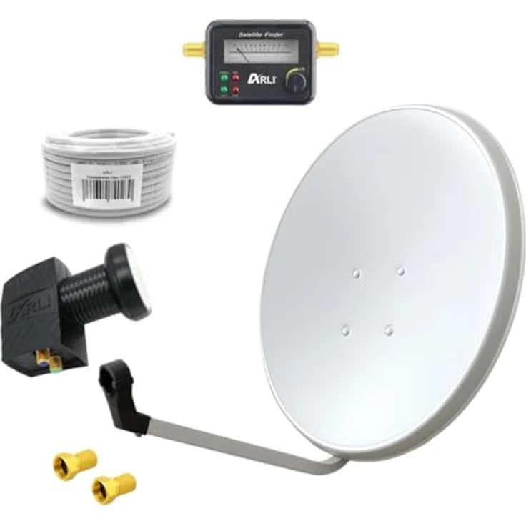 ARLI 60cm HD Sat Anlage, Twin LNB mit 20m Koaxialkabel 135dB, Satfinder und 2 F-Steckern, digital, 2 Teilnehmer, Antenne in Weiß, passend für UHD und 4K – Bild 1