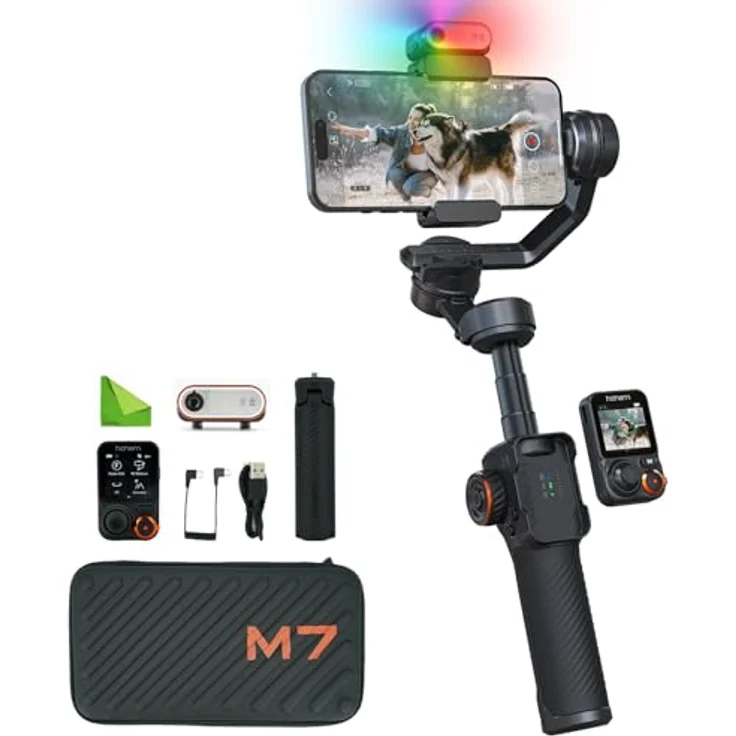 Hohem iSteady M7 AI Tracking Smartphone Gimbal 3-Achse-Telefonstabilisator mit 1,4-Zoll-OLED-Touchscreen-Magnetic, Fülllicht, Verlängerungstab für iPhone und Android-Videoaufzeichnung, RGB- und CCT-Fülllicht, Fernbedienung, Akkulaufzeit 12 Stunden, Schwarz – Bild 1