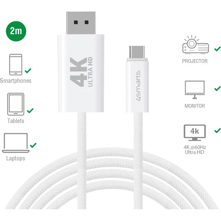 4Smarts Multimedia USB-C auf Display Port Kabel, 2 m, 4K@60 Hz, weiß