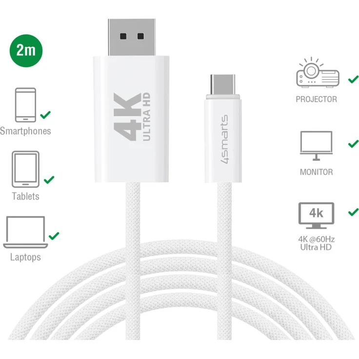 4Smarts Multimedia USB-C auf Display Port Kabel, 2 m, 4K@60 Hz, weiß