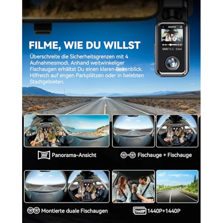 VANTRUE E360, 5.2K Panorama Dashcam mit Dual STARVIS 2 HDR, 360° Aufzeichnung, 1.54" Touchscreen, WiFi, GPS, Parkmodus, max. 1TB Erweiterbarkeit, inklusiveoptionalem Zubehör – Bild 3