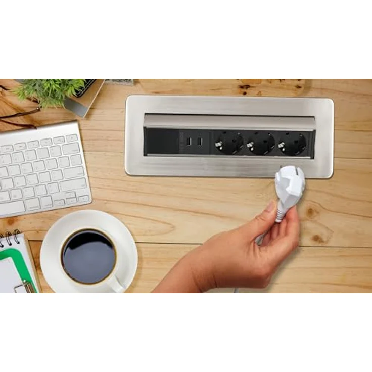 Brennenstuhl Indesk Power USB-Charger Tischsteckdosenleiste - Versenkbare Steckdose 3-fach (2 USB Ladebuchsen, 2m Kabel) silber-schwarz – Bild 6