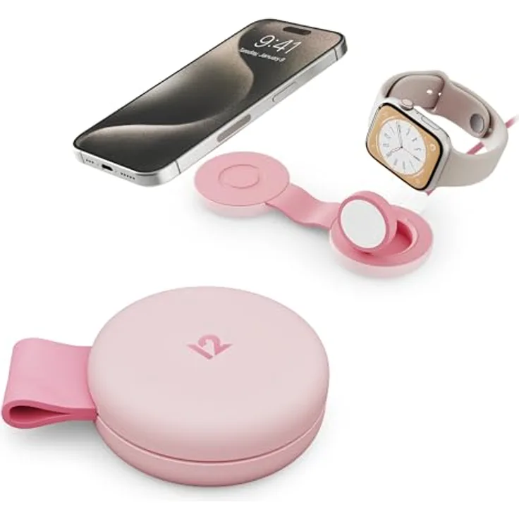 Twelve South Butterfly SE 2-in-1 Qi2 Reise-Ladegerät für iPhone, Airpods und Apple Watch, Rosa - Kabelloses Ladegerät für iPhone und Apple Watch, Ultra-kompakt und MagSafe kompatibel